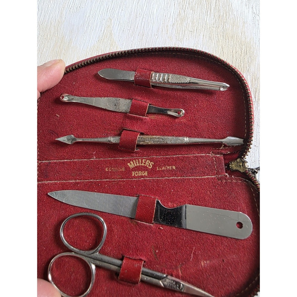 Vintage Manicure Kit in Red Leather Zip Case Miller's Forge